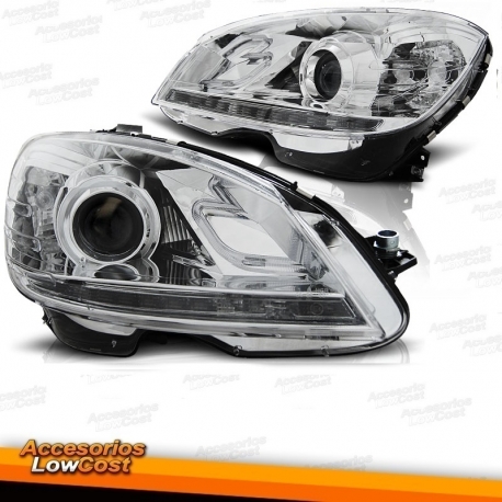 FAROS CON LUZ DIURNA MERCEDES CLASE C W204 07-11 CON FONDO CROMO