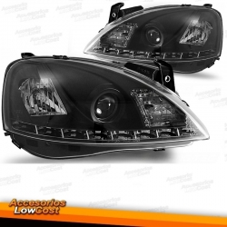 FAROS OPEL CORSA C CON LUZ DIURNA LED (00-06).CRISTAL CLARO-NEGRO