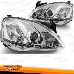 FAROS OPEL CORSA C CON LUZ DIURNA LED (00-06).CRISTAL CLARO-CROMADO