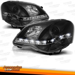 FAROS CON LUZ DIURNA DE LED VW POLO 9N3,05-09.CRISTAL CLARO-NEGRO