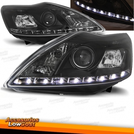 FAROIS COM LUZ DIURNA LED / FORD FOCUS / 08+ FUNDO PRETO