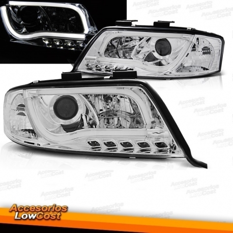 FAROIS COM LUZ DIURNA LED TFL / AUDI A6 4B / 97-01 FUNDO CROMADO