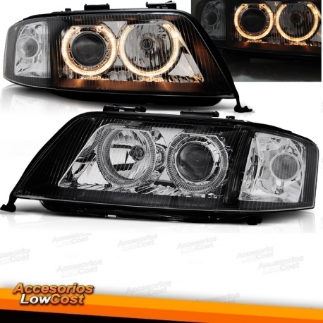 FAROIS ANGEL EYES COM PROJETOR AUDI A6 4B 5/97-5/01 CROMADO / PRETO