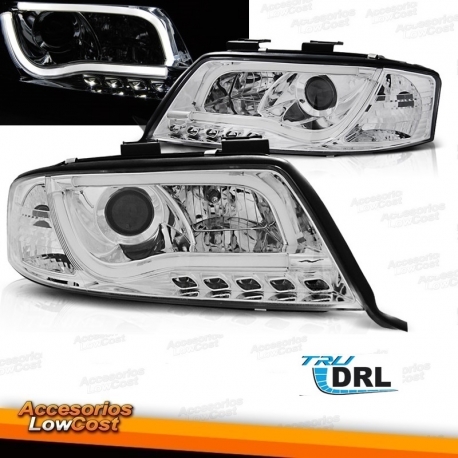 FAROS AUDI A6 4B (97-01) DE LUZ DIURNA REAL. FONDO CROMO TRU DRL