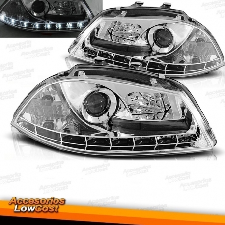 FAROS CON LUZ DIURNA LED PARA SEAT IBIZA Y CORDOBA 6L (02-05). FONDO CROMO.