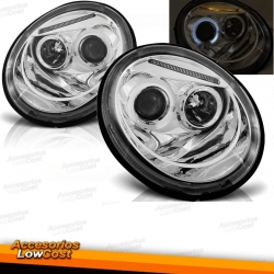 FAROS CON OJOS DE ANGEL PARA VW BEETLE,98-05. CRISTAL CLARO-CROMO