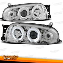 FAROS CON OJOS DE ANGEL EYES Y LUPA PARA FORD FIESTA MK4 (9/1995-10/1999). FONDO CROMO.