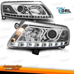 FAROS AUDI A6 (04-08). CRISTAL CLARO FONDO CROMO CON LUCES REALES DIURNAS (REAL DAY LIGHT)