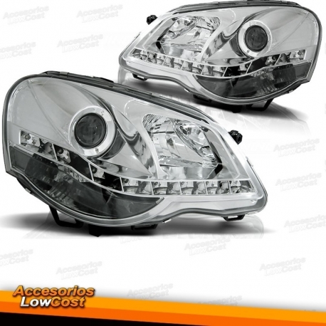 FAROIS COM LUZ DIURNA LED VW POLO 9N3,05-09. CROMADO