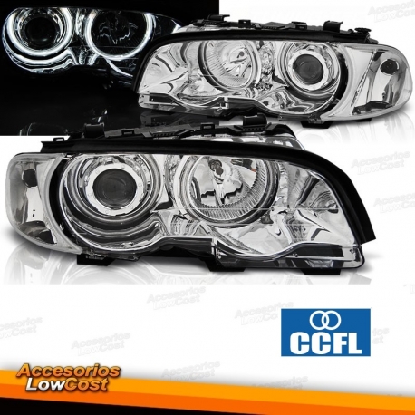 FAROIS ANGEL EYES CCFL / BMW E46 COUPE / CABRIO 99-01 FUNDO CROMADO