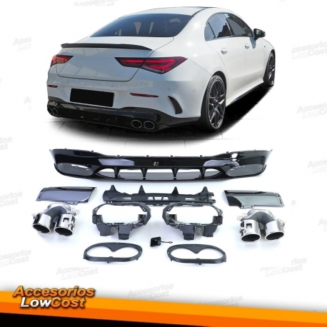 Difusor trasero deportivo negro brillo con salidas de escape cromadas para Mercedes CLA C118 2019