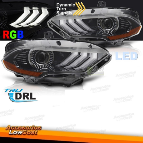 FAROS DELANTEROS LED RGB DRL NEGROS PARA FORD MUSTANG 18-21