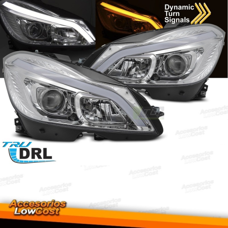 FAROS TUBULARES LED CROMADOS CON LUCES DIURNAS SECUENCIALES para MERCEDES W204 11-14