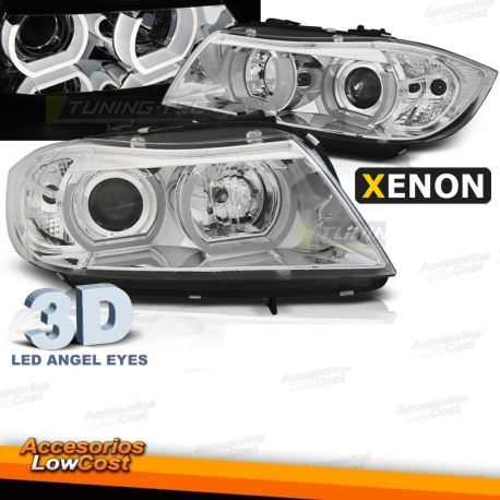 FAROS OJOS DE ANGEL XENON 3D U-TYPE PARA BMW E90/E91 03-2005/08-2008, FONDO CROMO
