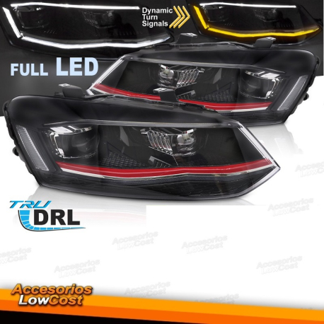 Faros delanteros Full LED rojos con luz diurna secuencial, compatibles con VW Polo 6R 09-17.