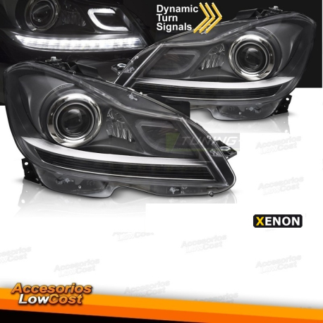 FAROS CON LUZ DIURNA LED PARA MERCEDES CLASE C W204 (11-14), FONDO NEGRO